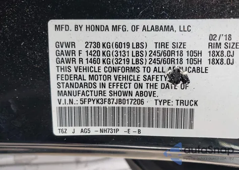 2018 Honda Ridgeline Black Edition from USA, damaged, VIN 5FPYK3F87JB017206